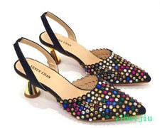 Damas Mujeres Estrás Tacones Medianos Cubo Vestido Fiesta Noche Zapatos Bolso Boda