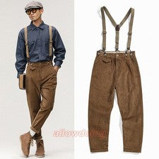 Pantalones rectos de pana estilo británico para hombre Pantalones con tirantes Pantalones de trabajo retro