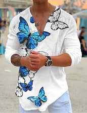 Camisetas Hombre Manga Larga Cuello V Azul Mariposa Tamaño Suelto Moda Blanco