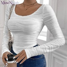 Nueva camiseta de moda para mujer otoño calce ajustado a rayas cuello redondo manga larga