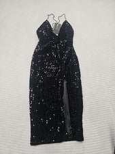 Moda Vestido Nova Para Mujer Pequeño Brillante Lentejuelas Midi Vestido Negro