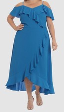 Maxi Vestido Para Mujer London Times Azul Volantes Hombro Frío Talla 20W