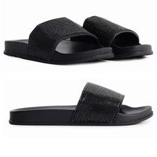 Sandalias y deslizadores planos de diamante negro para dama talla 3 a 8 UK - PLAYA PISCINA INFORMAL
