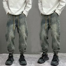 Pantalones de mezclilla harén de moda para hombre Pantalones de mezclilla sueltos con cordón Retro Clásico Informal Pant