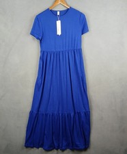 Maxi Vestido de Moda con Niveles para Mujer S Azul Rayón Plisado Cuello Redondo Uso Diario
