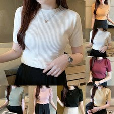 Verano Monocolor Manga Corta Punto Camisetas para Mujer Moda Ocio