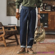 Mono Cintura Alta Para Hombre Pantalones Informales Denim Jeans Recto Largo Pantalones Gurkha