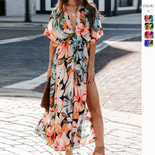 Nuevo Sexy Vestido Para Mujer Vestido de Verano para Viajes Cuello en V Moda Estampado abertura