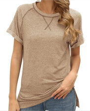 Camiseta Mujer Blusa Moda Raglán Manga Corta Moda Beige Deportes Camiseta Informal