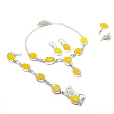 Juego de joyas de plata de ley 925 hechas a mano con piedras preciosas de ópalo triple amarillo A849