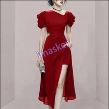 Vestido midi de moda para mujer cuello irregular manga abullonada recorte abertura línea A