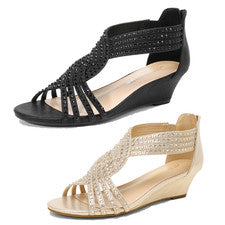 Sandalias de cuña con estrás para mujer punta abierta cremallera trasera vestido de fiesta sandalias de cuña