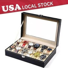 Caja de exhibición de reloj de pulsera de cuero PU de 12 ranuras soporte organizador estuche H