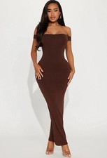 Maxi Vestido Moda Nova Para Mujer Marrón Suave Doble Forrado Fuera del Hombro