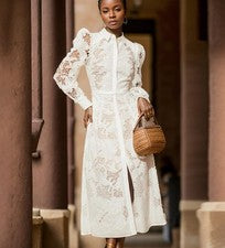 Sexy Vestido Para Mujer Blanco Encaje Cintura Alta Cremallera Cuello Moda Mangas Largas Nuevo