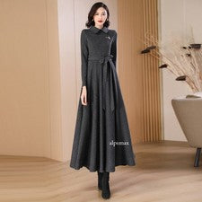 Vestido largo gris oscuro de moda para mujer nuevo cintura ceñida lana vestido largo faldas