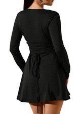 Mini vestido acampanado Kaymaluxe para mujer cuello redondo manga larga con cordones espalda