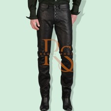 Pantalón de cuero negro estilo cierre con botones para hombre | Pantalón de cuero genuino de piel de cordero
