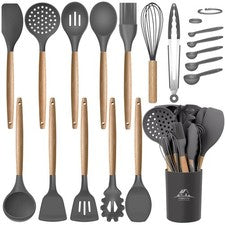 MIBOTE Juego de Utensilios de Cocina de Silicona, 17 Piezas, Mango de Madera, Gris | B...