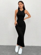 Maxivestido negro sin mangas para mujer con cuello redondo