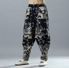 Hombres Algodón Lino Informal Pantalones Estilo Chino Estampado Dragón Pantalones Hip Hop Pantalón