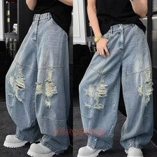 Moda Para Hombres Pantalones de mezclilla holgados Pantalones de mezclilla desgastados Sueltos Pantalones informales de 