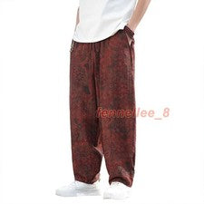 Pantalones harén retro estilo chino informales para hombre en pantalón de lino de algodón de talla grande