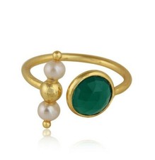 Anillos de bucle de bola de ónix verde y perlas ajustables de plata 925 chapados en oro de 18k