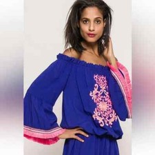 Mini Vestido La Moda Para Mujer Hombro Descubierto Boho Bordado Nuevo Con Etiquetas Azul OS