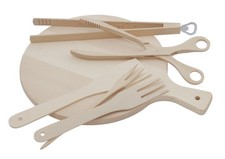 Kit parrilla 6 piezas pinzas tabla madera utensilios cocina grill