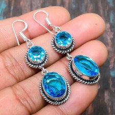 Pendiente de joyería de plata de ley 925 hecho a mano con piedras preciosas de topacio azul suizo de diseñador