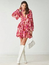 Vestido corto casual mujer Enchnt escote en V, manga larga y estampado general con
