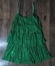 Mini Vestido FANSI NOVA Para Mujer Verde Esmeralda Lentejuelas Triple Niveles Talla S Nuevo con Etiquetas