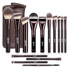 Juego de 14 brochas de maquillaje profesional con bolsa de cosméticos de viaje (marrón)