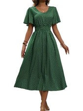 Mujer Casual Midi Maxi Vestido Estampado Lunares Manga Corta, V-Aussch3054