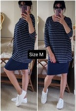 Mujeres M Moda Vestido Hasta la Rodilla Cuello Redondo Jersey Algodón Rayas Azul Marino Blanco