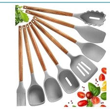Juego de 8 utensilios de cocina de silicona - madera de acacia - utensilios de cocina antiadherentes ##