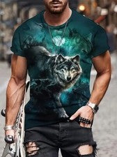 Camisetas Hombres Moda Cabeza Lobo Informal Verde Manga Corta Novedad Camiseta