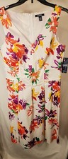 Chaps-Mujer Blanco Cuello en V Diseño Floral Sin Mangas Vestido Talla 12