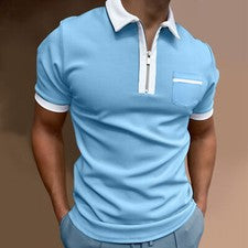 Polo Camiseta Hombres Cremalera Cuello Moda Golf Azul Claro Blanco Trim Tee