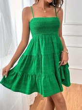 Mini Vestido Para Mujer Verde con Correa de Espagueti Calado Verano Volantes Ropa Informal M