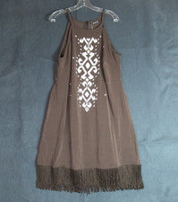 Vestido Bloom Chic Para Mujer Talla 12 Marrón Gráfico Tribal Boho Maxi Cambio Flecos Nuevo con Etiquetas