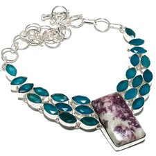 Collar Joyería Lepidolita, Piedras Preciosas Calcedonia Hecho a Mano 18"