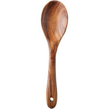 Cuchara para ensalada de teca de hoja pequeña acabado natural 26 cm de largo utensilio para servir de madera maciza