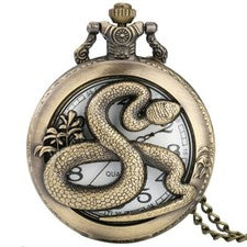 Reloj Bolsillo Cuarzo Vintage Pantalla Serpiente 3D Bronce Analógico con Cadena Suéter