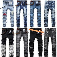 Pantalones de mezclilla elásticos de pierna recta elásticos para hombre estilo motocicleta rasgados
