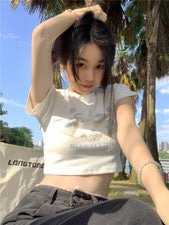 Camiseta para mujer Top estampada manga corta ajustada estilo corto informal chic ajustada