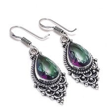 Pendientes de joyería de plata de ley 925 hechos a mano con piedras preciosas de topacio místico tamaño 1,95"