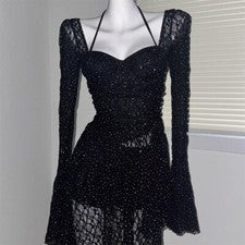 Mujeres Moda Cuello en V Vestido Corto Brillo Mangas Largas Ajuste Fiesta Boda Bar Nuevo