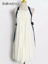 Vestido blanco sin espalda para mujer cuello cuadrado manga cordones diseñador suelto midi
